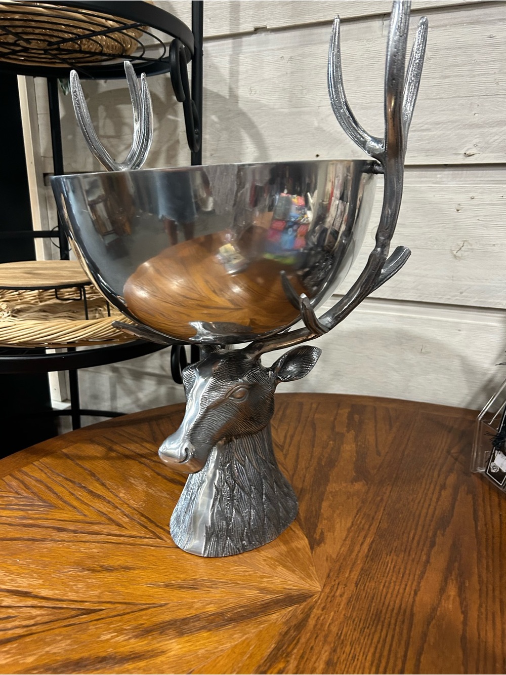 Silver Deer Head Serving Bowl - Decorative Beverage & Fruit Bowl